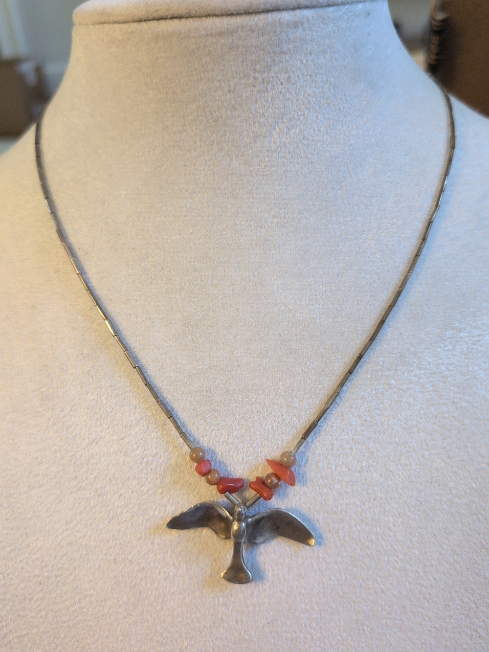 Silver Dove Pendant Necklace with Coral Accent - Women Jewelry